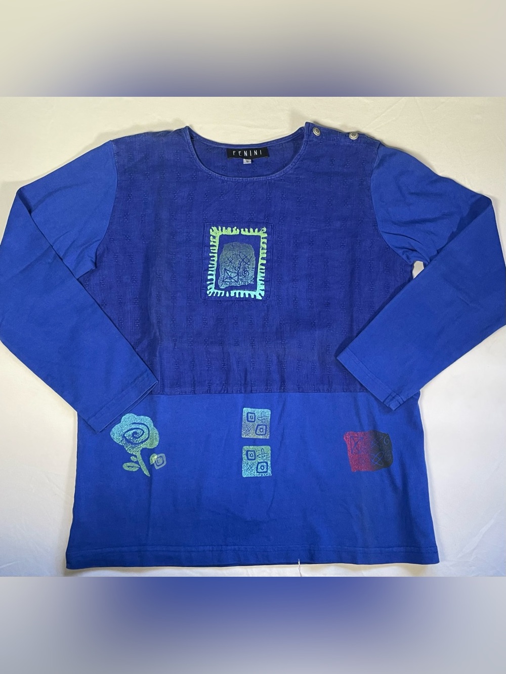 Vintage 90s Fenini Boho Multi Textile Tunic Long Sleeve Shirt Made In The USA